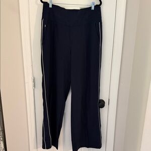 Athleta Navy Wide Leg Track Pants with White Track Stripes